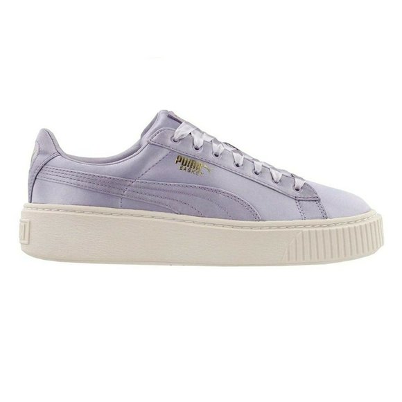 Puma Shoes - Puma Basket Platform Satin Thistle Gold Whisper White Womens Sneakers 65719 02